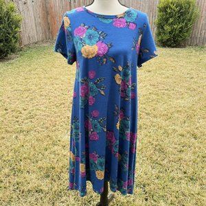 LuLaRoe Carly Dress Womens Size Small S Flower Designs on Purple Short Sleeve